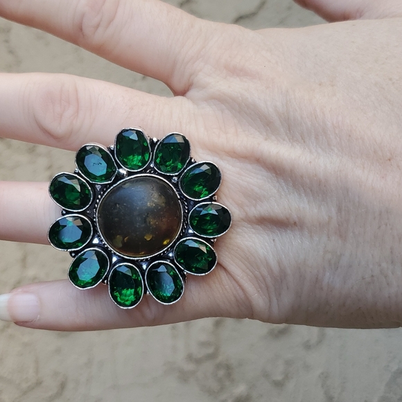 New Stunning Amber & Diopside 925 Silver Statement Ring. - Picture 9 of 15